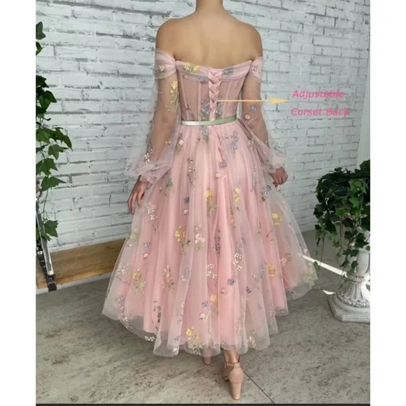 GREEN Women's Puffy Sleeve Tulle Prom Dresses Tea Length Flower Lace. - Picture 3 of 3